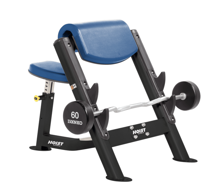 SKY Commercial preacher curl black bench with angled arm pad, seat, and plate-loaded bar for isolated bicep training