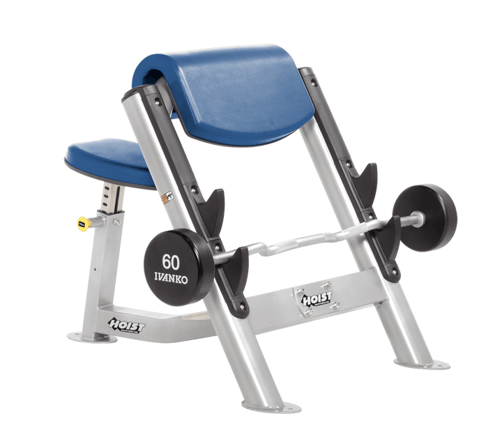 SKY Commercial preacher curl platinum bench with angled arm pad, seat, and plate-loaded bar for isolated bicep training