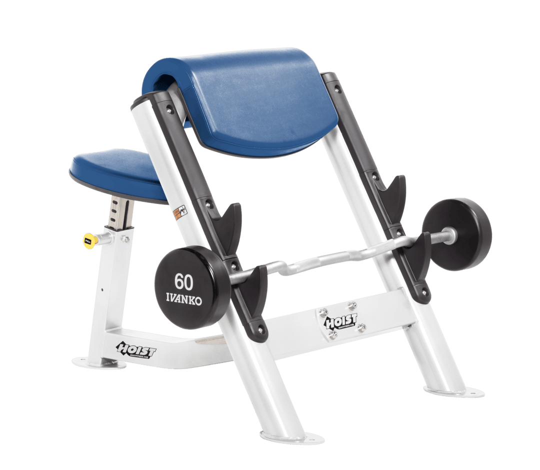 SKY Commercial preacher curl white bench with angled arm pad, seat, and plate-loaded bar for isolated bicep training