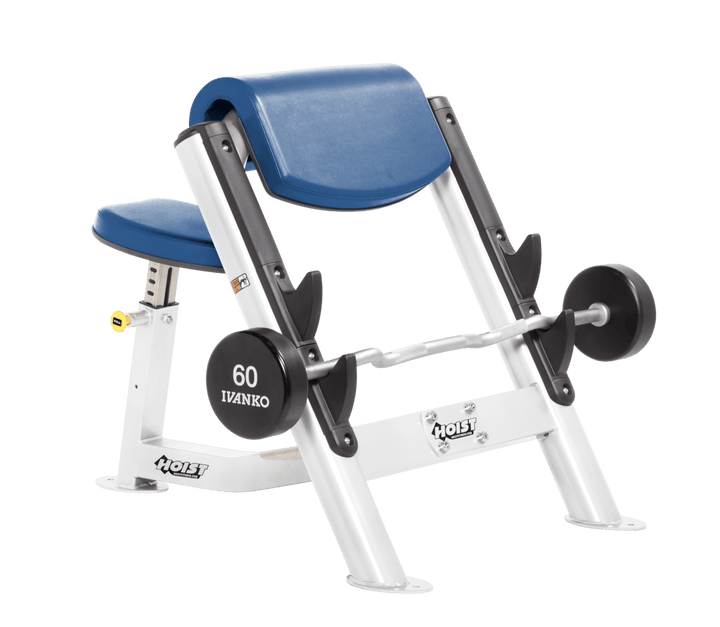 SKY Commercial preacher curl white bench with angled arm pad, seat, and plate-loaded bar for isolated bicep training