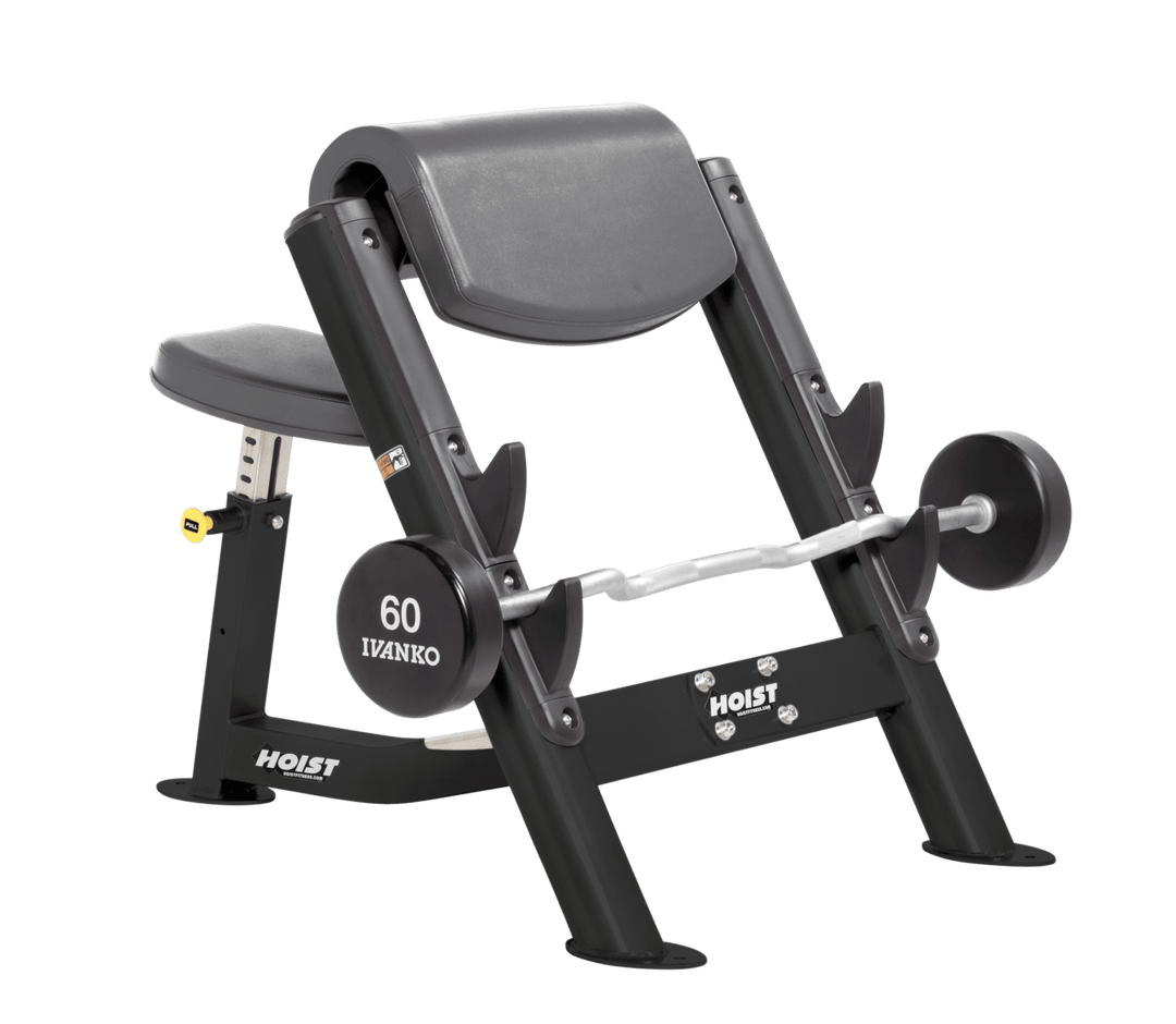 SLG Commercial preacher curl black bench with angled arm pad, seat, and plate-loaded bar for isolated bicep training