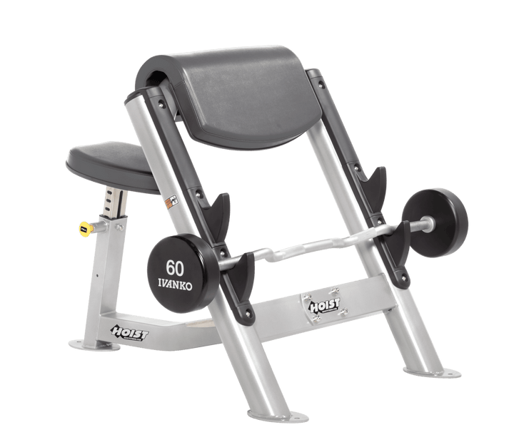 SLG Commercial preacher curl platinum bench with angled arm pad, seat, and plate-loaded bar for isolated bicep training