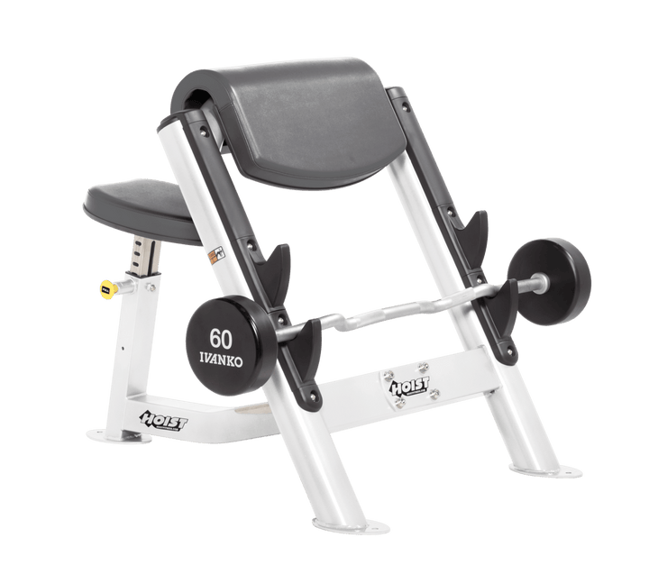 SLG Commercial preacher curl white bench with angled arm pad, seat, and plate-loaded bar for isolated bicep training