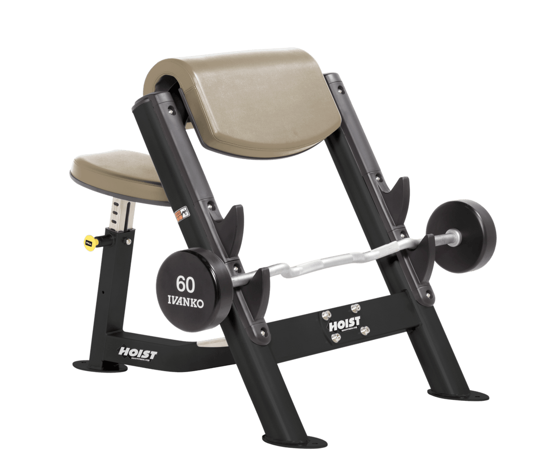 SUE Commercial preacher curl black bench with angled arm pad, seat, and plate-loaded bar for isolated bicep training