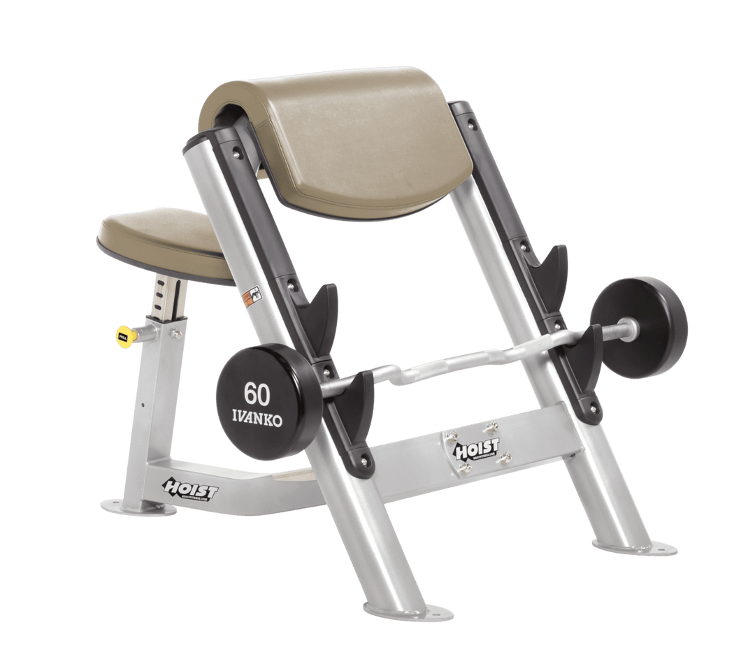 SUE Commercial preacher curl platinum bench with angled arm pad, seat, and plate-loaded bar for isolated bicep training