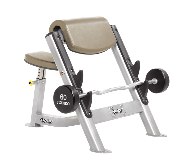 SUE Commercial preacher curl platinum bench with angled arm pad, seat, and plate-loaded bar for isolated bicep training