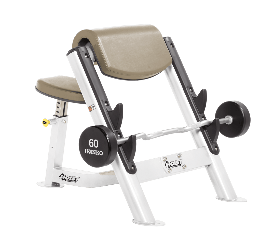 SUE Commercial preacher curl white bench with angled arm pad, seat, and plate-loaded bar for isolated bicep training