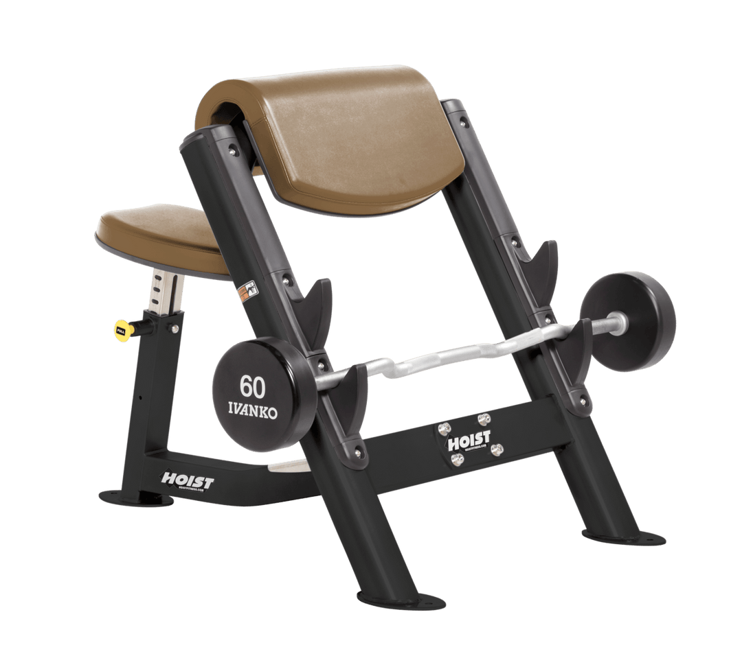 WHT Commercial preacher curl black bench with angled arm pad, seat, and plate-loaded bar for isolated bicep training