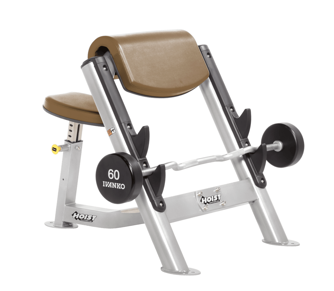 WHT Commercial preacher curl platinum bench with angled arm pad, seat, and plate-loaded bar for isolated bicep training