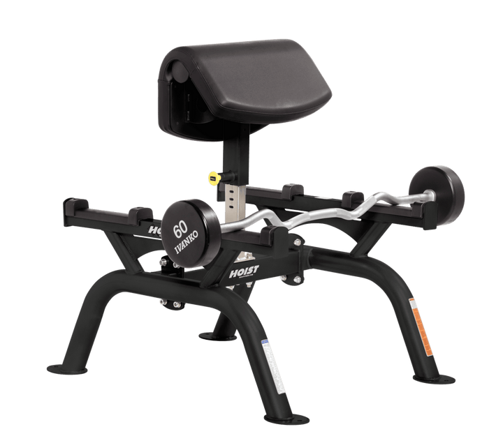 BLK Commercial standing preacher curl machine with angled arm pad and plate-loaded bar for focused bicep training