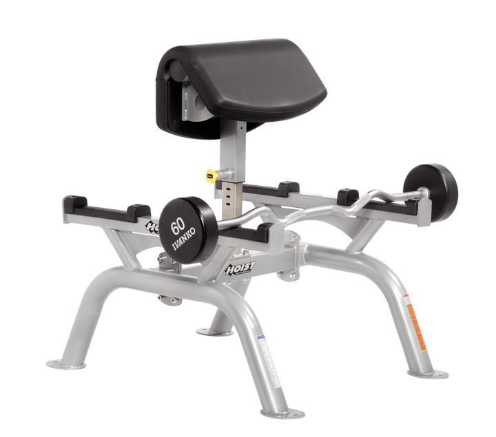 BLK Commercial standing preacher curl machine with platinum angled arm pad and plate-loaded bar for focused bicep training