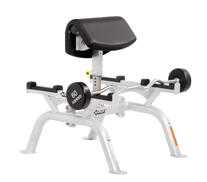 BLK Commercial standing preacher curl machine with white angled arm pad and plate-loaded bar for focused bicep training