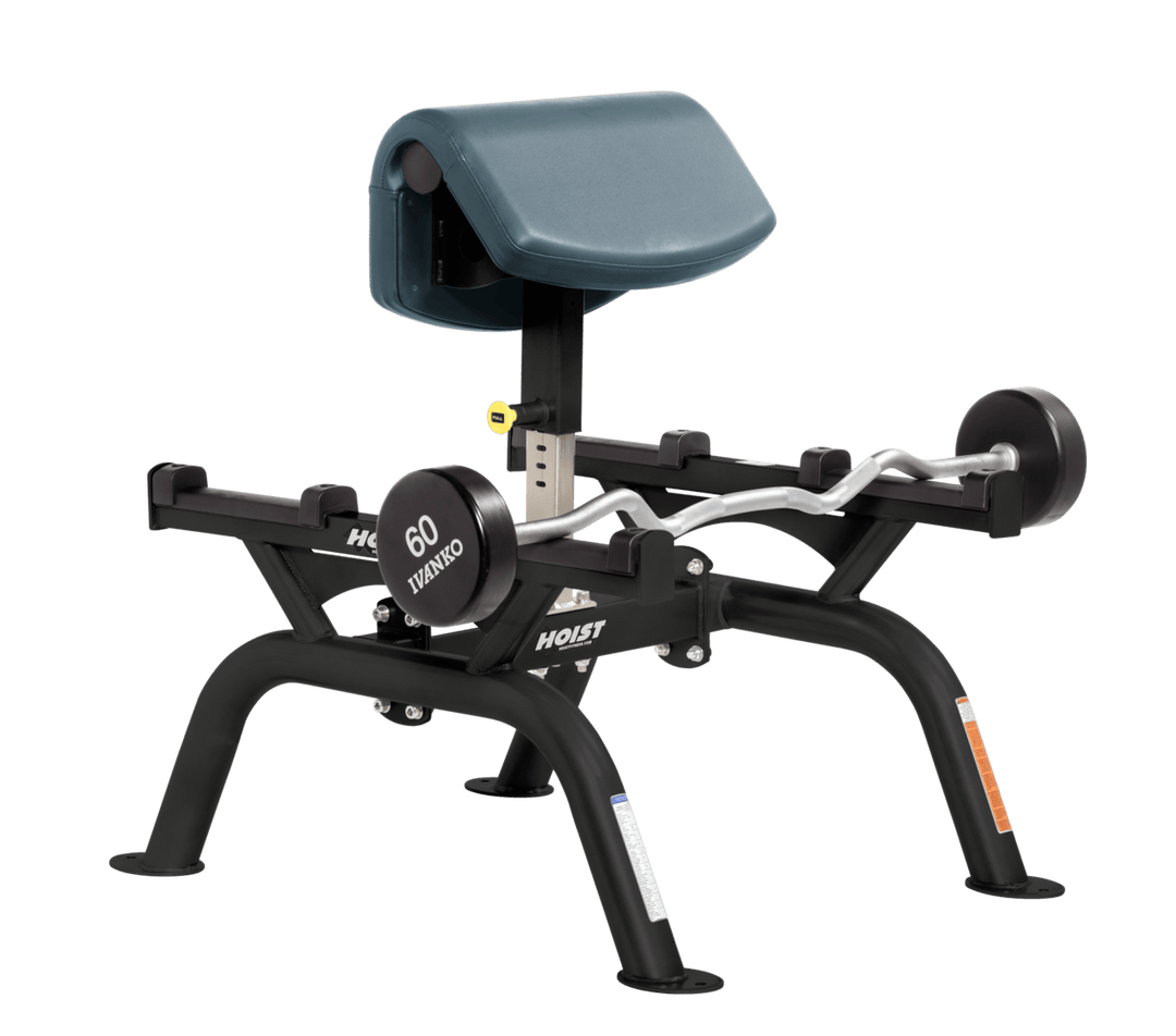 BRD Commercial standing preacher curl machine with angled arm pad and plate-loaded bar for focused bicep training