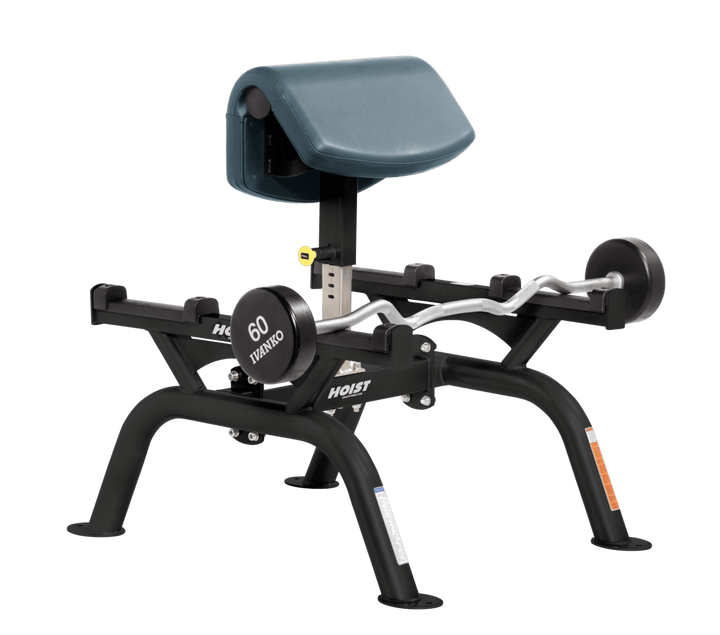 BRD Commercial standing preacher curl machine with angled arm pad and plate-loaded bar for focused bicep training
