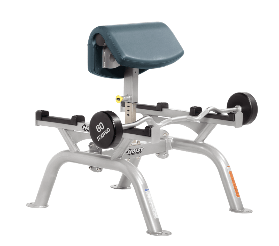 BRD Commercial standing preacher curl machine with platinum angled arm pad and plate-loaded bar for focused bicep training