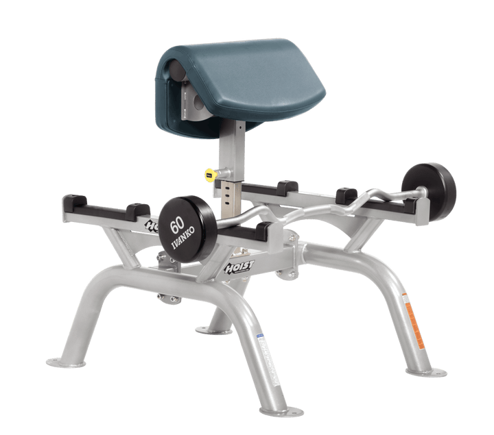 BRD Commercial standing preacher curl machine with platinum angled arm pad and plate-loaded bar for focused bicep training