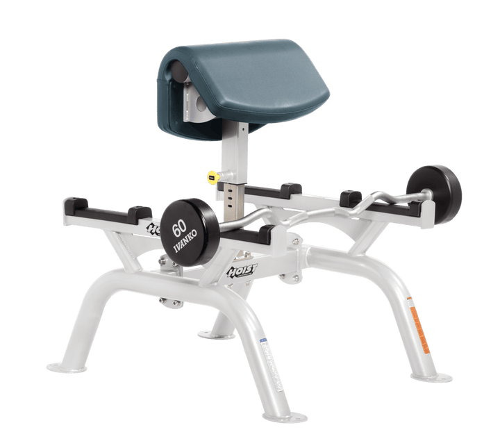 BRD Commercial standing preacher curl machine with white angled arm pad and plate-loaded bar for focused bicep training
