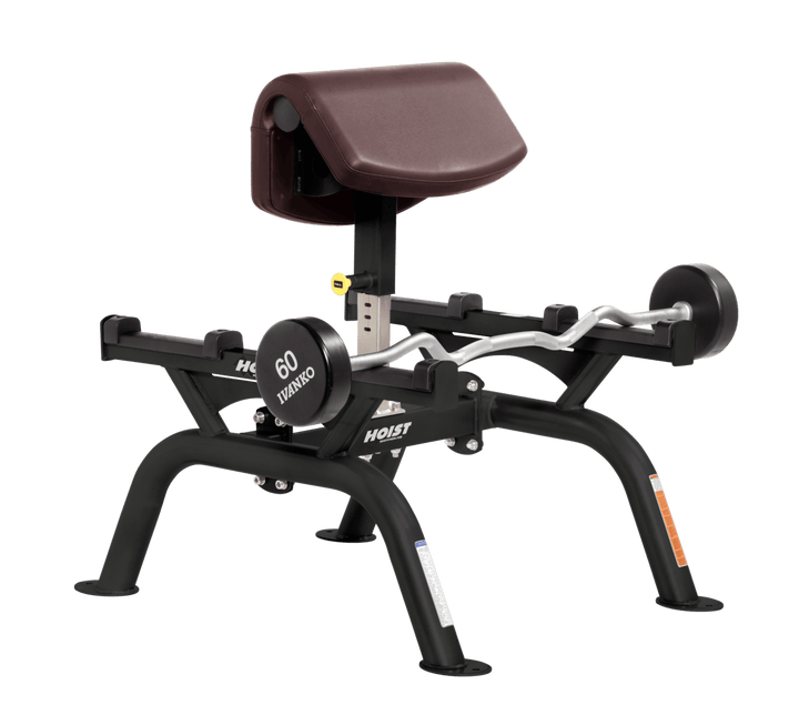 BRG Commercial standing preacher curl machine with angled arm pad and plate-loaded bar for focused bicep training
