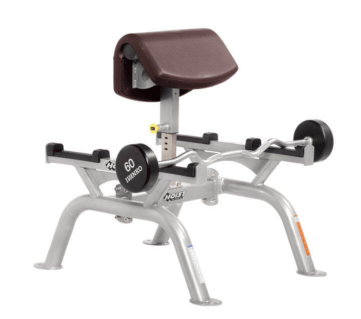 BRG Commercial standing preacher curl machine with platinum angled arm pad and plate-loaded bar for focused bicep training