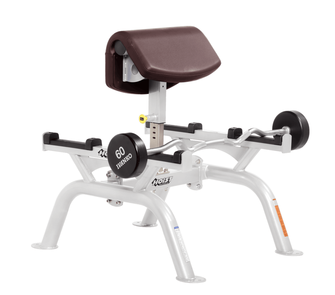 BRG Commercial standing preacher curl machine with white angled arm pad and plate-loaded bar for focused bicep training