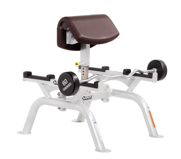 BRG Commercial standing preacher curl machine with white angled arm pad and plate-loaded bar for focused bicep training