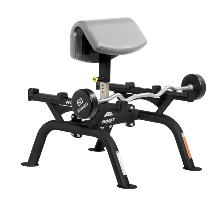 DVG Commercial standing preacher curl machine with angled arm pad and plate-loaded bar for focused bicep training
