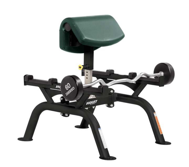 HGR Commercial standing preacher curl machine with angled arm pad and plate-loaded bar for focused bicep training