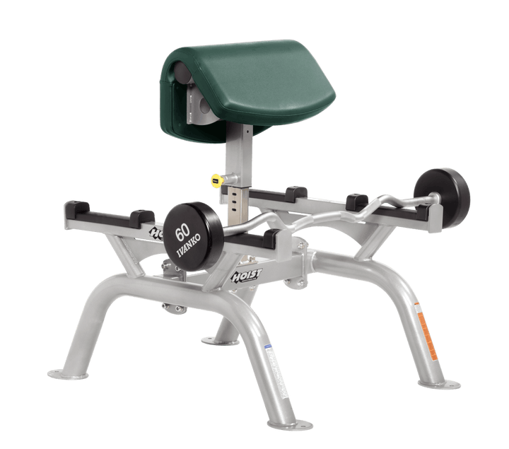 HGR Commercial standing preacher curl machine with platinum angled arm pad and plate-loaded bar for focused bicep training