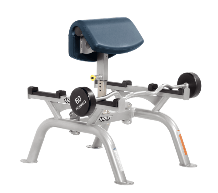 NVY Commercial standing preacher curl machine with platinum angled arm pad and plate-loaded bar for focused bicep training
