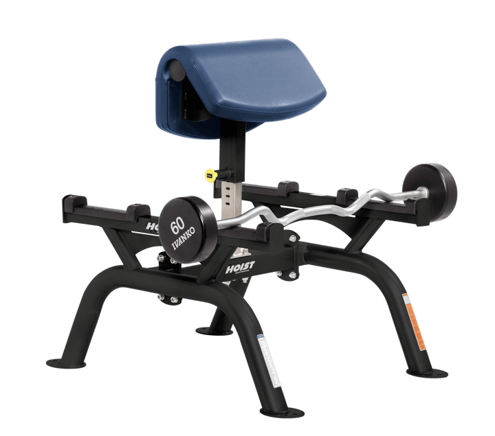 RYL Commercial standing preacher curl machine with angled arm pad and plate-loaded bar for focused bicep training