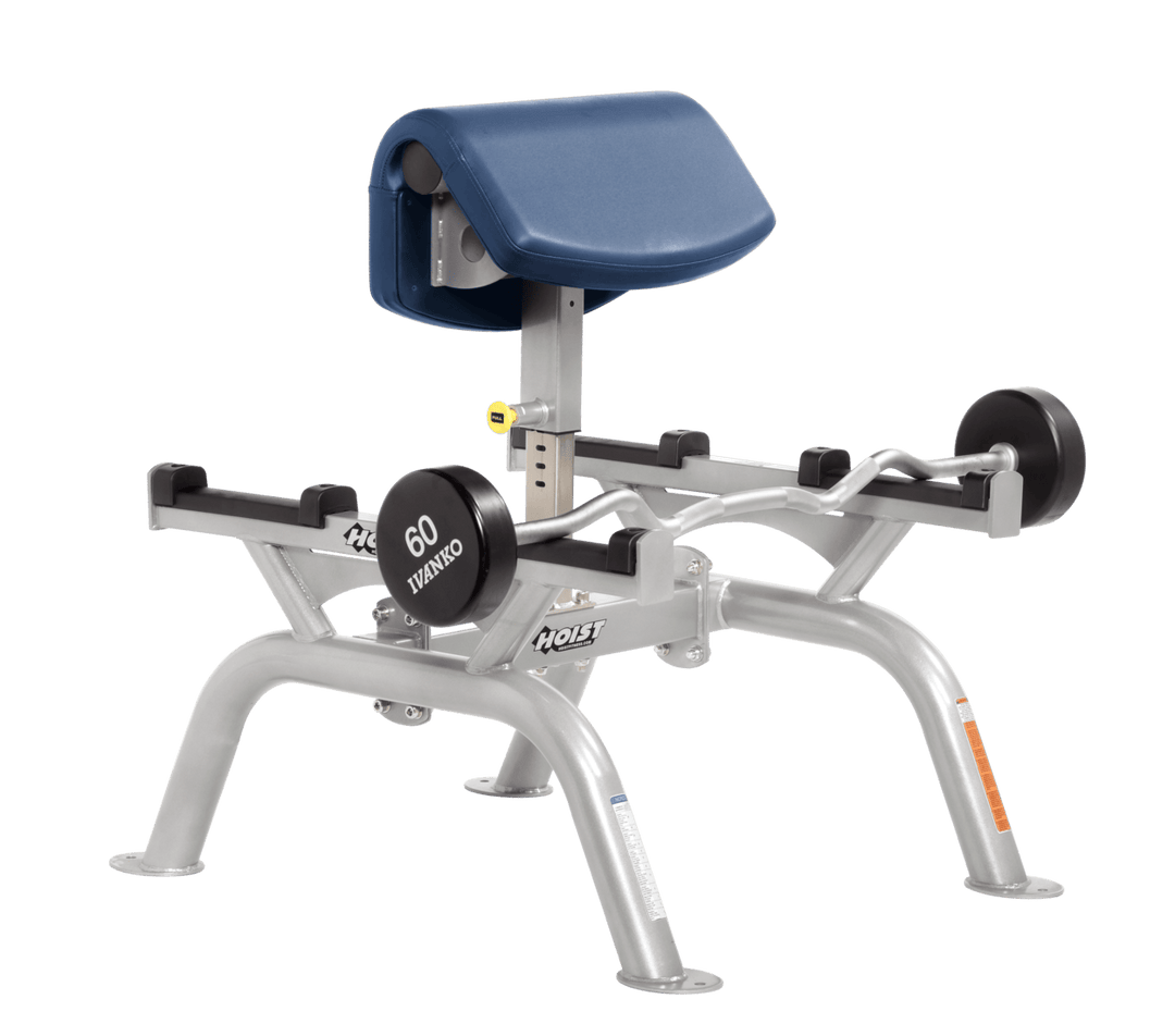 RYL Commercial standing preacher curl machine with platinum angled arm pad and plate-loaded bar for focused bicep training