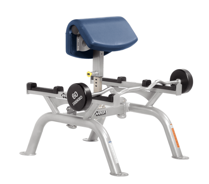 RYL Commercial standing preacher curl machine with platinum angled arm pad and plate-loaded bar for focused bicep training