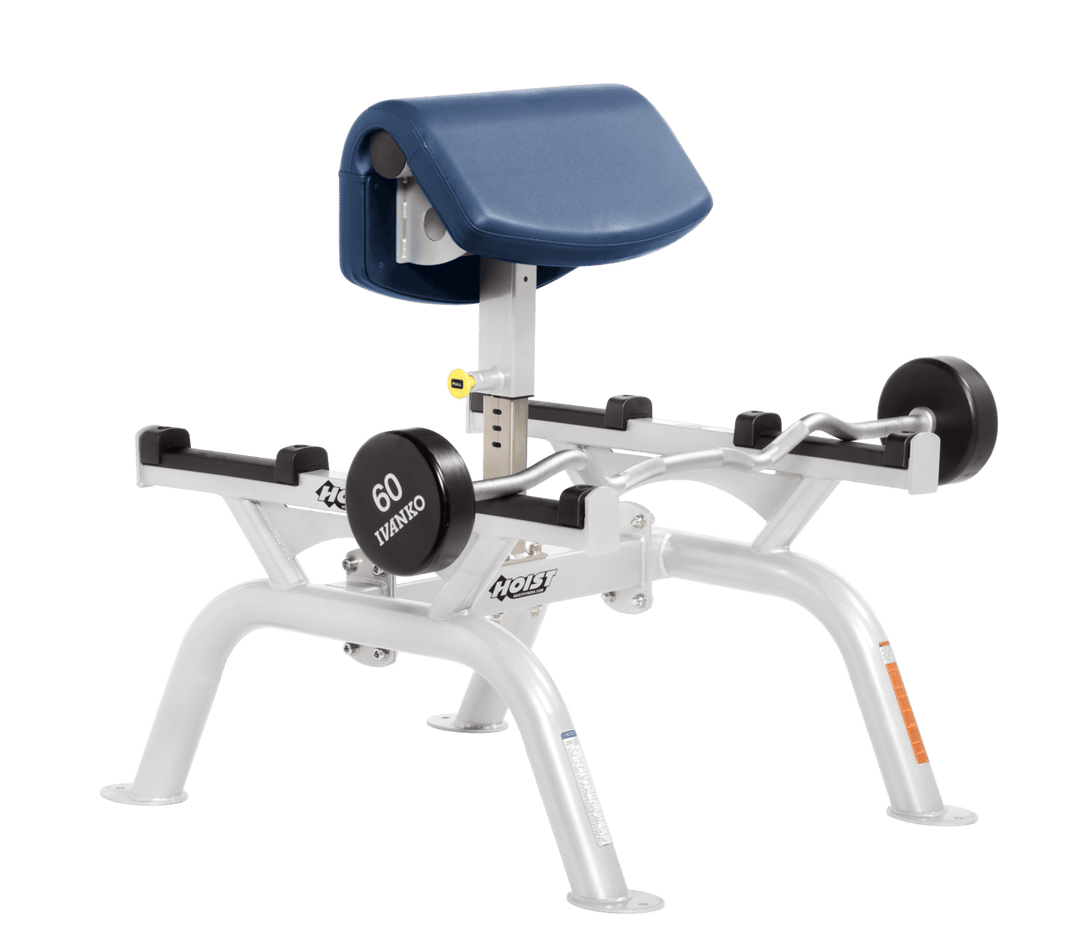 RYL Commercial standing preacher curl machine with white angled arm pad and plate-loaded bar for focused bicep training