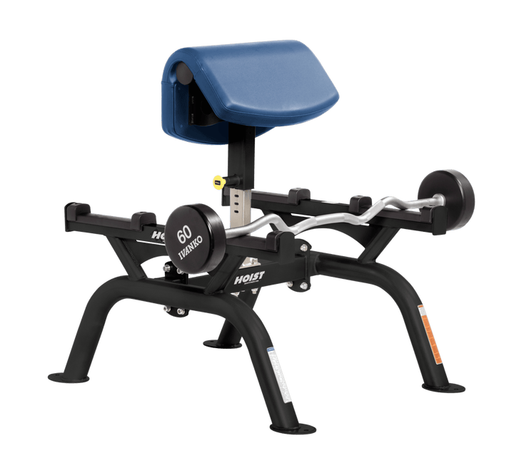 SKY Commercial standing preacher curl machine with angled arm pad and plate-loaded bar for focused bicep training
