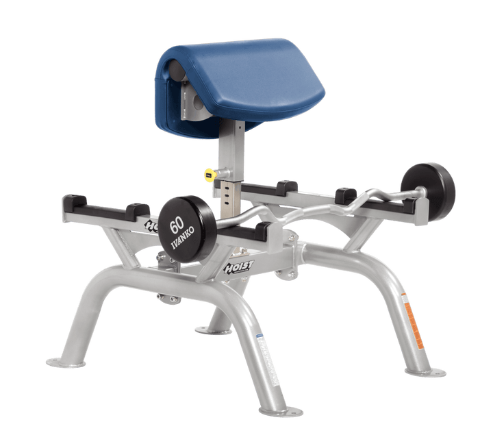 SKY Commercial standing preacher curl machine with platinum angled arm pad and plate-loaded bar for focused bicep training
