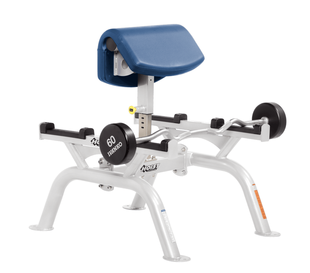 SKY Commercial standing preacher curl machine with white angled arm pad and plate-loaded bar for focused bicep training