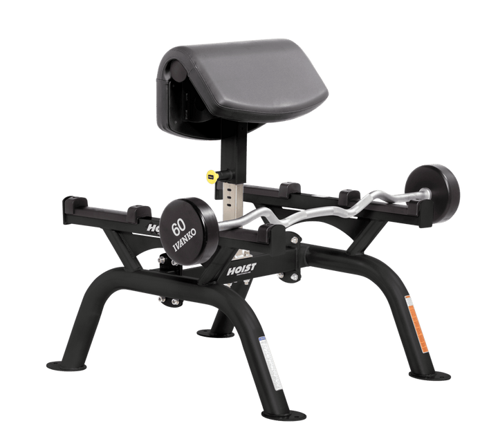 SLG Commercial standing preacher curl machine with angled arm pad and plate-loaded bar for focused bicep training