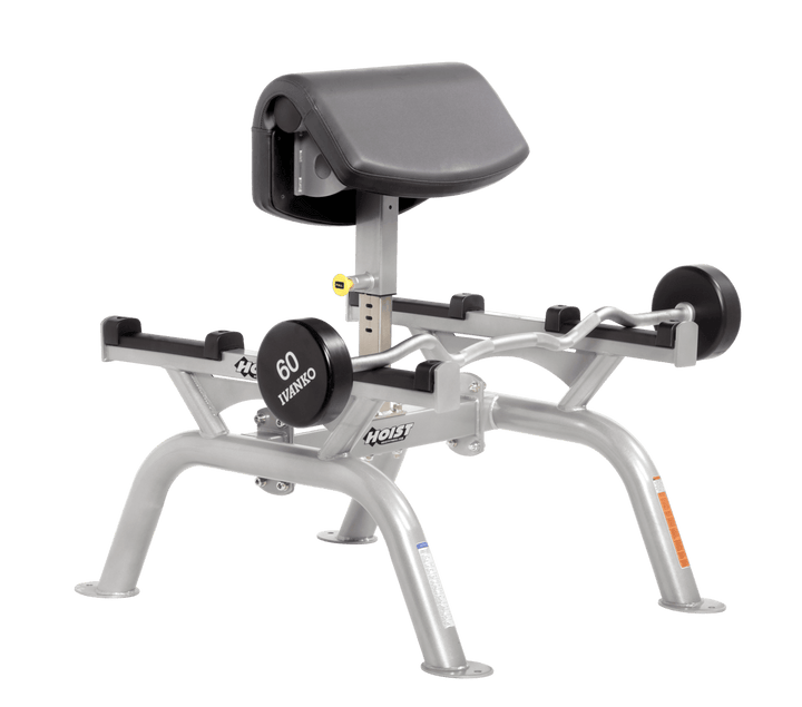 SLG Commercial standing preacher curl machine with platinum angled arm pad and plate-loaded bar for focused bicep training