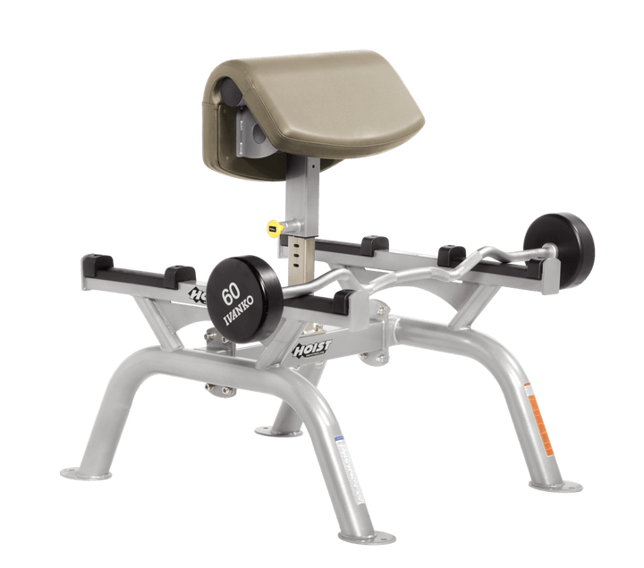 SUE Commercial standing preacher curl machine with platinum angled arm pad and plate-loaded bar for focused bicep training