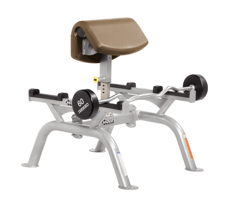 WHT Commercial standing preacher curl machine with platinum angled arm pad and plate-loaded bar for focused bicep training