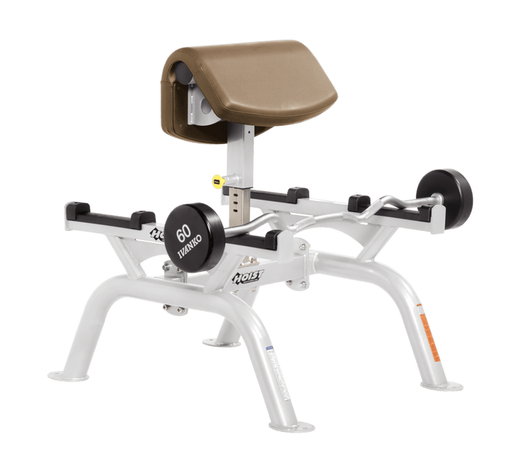 WHT Commercial standing preacher curl machine with white angled arm pad and plate-loaded bar for focused bicep training