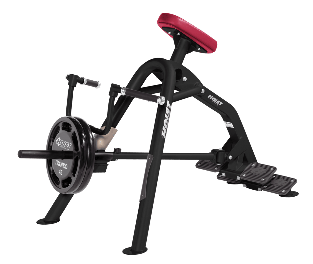 Commercial incline AMB-BLK leverage row machine with chest support pad and plate-loaded arms for back training