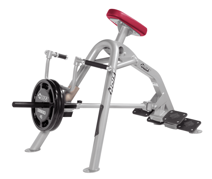 Commercial incline PL-AMB leverage row machine with chest support pad and plate-loaded arms for back training