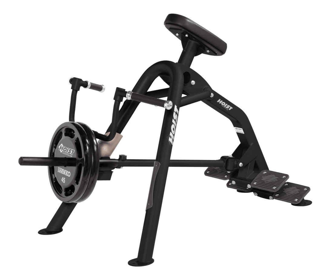 Commercial incline MB-BLK leverage row machine with chest support pad and plate-loaded arms for back training