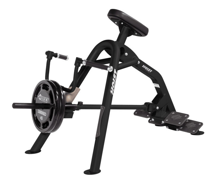 Commercial incline MB-BLK leverage row machine with chest support pad and plate-loaded arms for back training