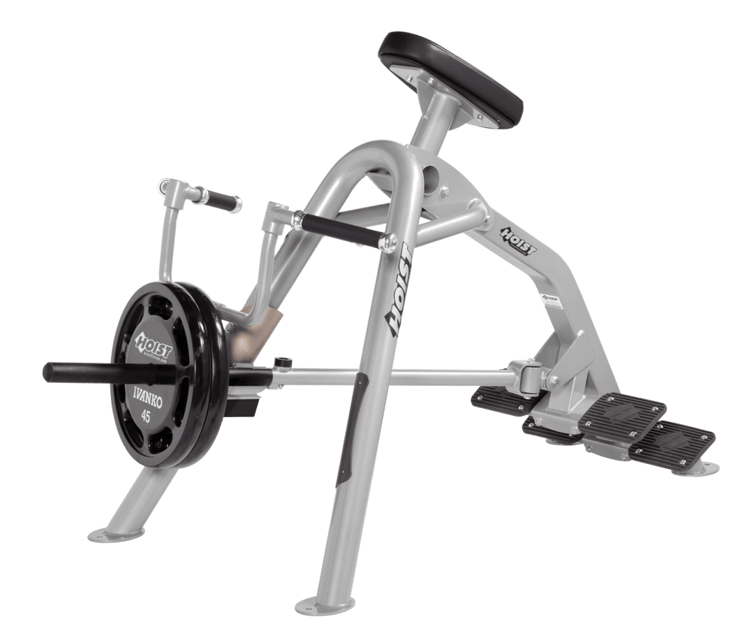 Commercial incline PL-BLK leverage row machine with chest support pad and plate-loaded arms for back training