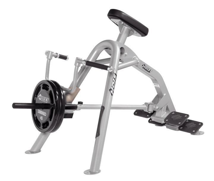 Commercial incline PL-BLK leverage row machine with chest support pad and plate-loaded arms for back training