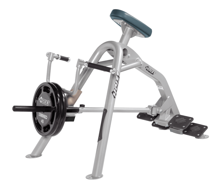 Commercial incline PL-BRD leverage row machine with chest support pad and plate-loaded arms for back training