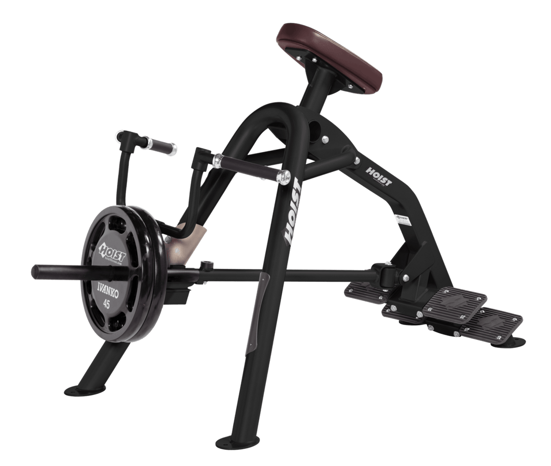 Commercial incline BRG-BLK leverage row machine with chest support pad and plate-loaded arms for back training