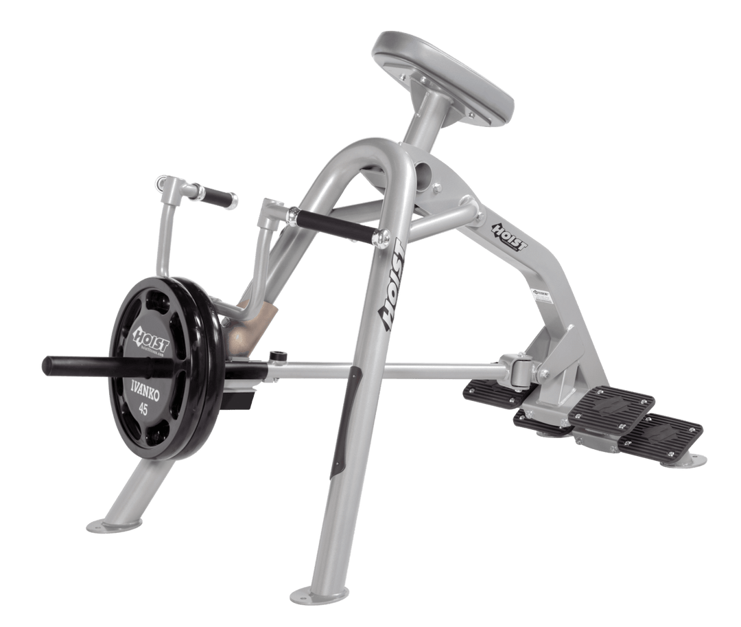 Commercial incline PL-DVG leverage row machine with chest support pad and plate-loaded arms for back training